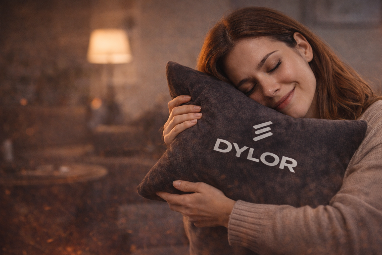 Девушка обнимает подушку DYLOR
